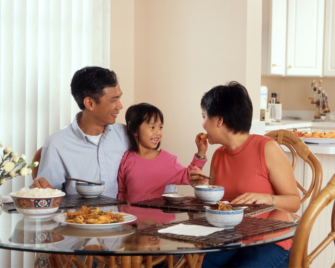 family discussing at table