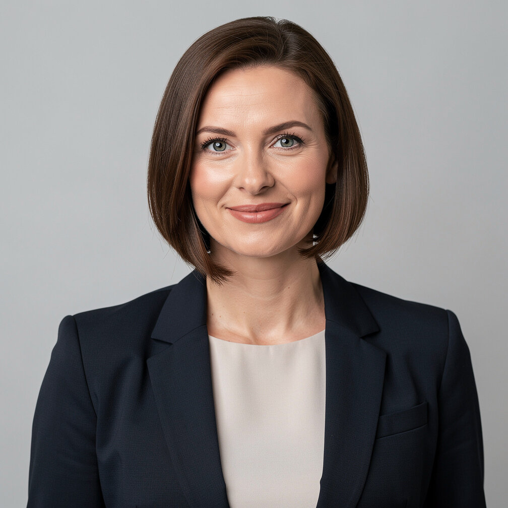 Studio portrait of a German female sociologist with short brown hair