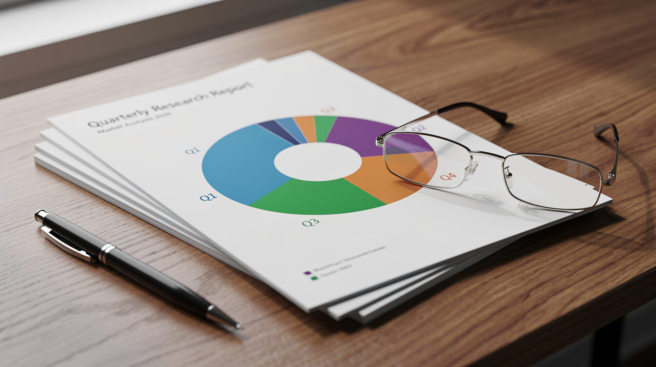 Printed survey reports and charts stacked on an office desk
