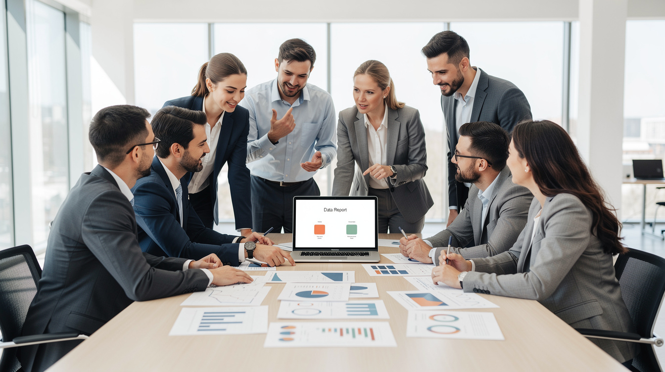 Team of researchers discussing survey data in a bright office